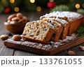 Delicious fruitcake topped with powdered sugar and nuts served on a wooden board 133761055