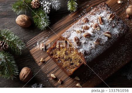 Delicious fruitcake topped with powdered sugar and nuts served on a wooden board Delicious fruitcake topped with powdered sugar and nuts served on a wooden board 133761056