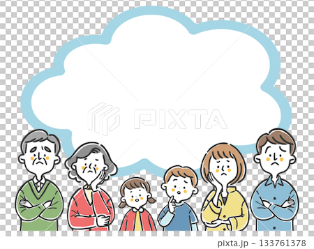 Illustration of a three-generation family with doubts Copy space Vector 133761378