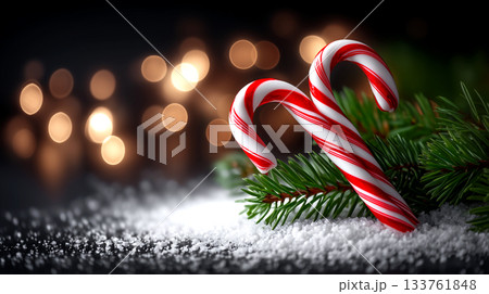 Festive candy canes nestled in snow with glowing bokeh lights create a magical holiday atmosphere perfect for winter celebrations and seasonal promotions 133761848