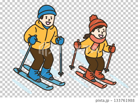 Illustration of a parent and child skiing together 133761988