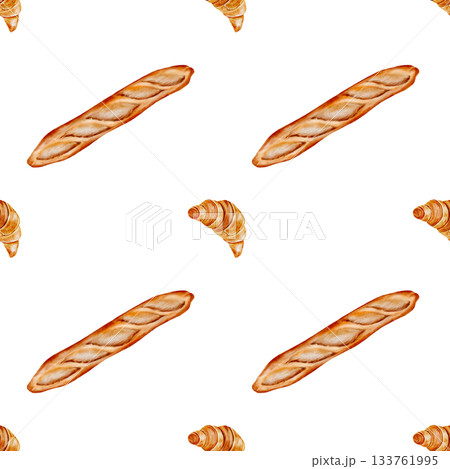 Loaf watercolor seamless pattern . Hand-drawn long baguette with a croissant on a white background. Clip art of baked goods. Ideal for packaging baked goods and kitchen textiles 133761995