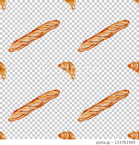 Loaf watercolor seamless pattern . Hand-drawn long baguette with a croissant on a white background. Clip art of baked goods. Ideal for packaging baked goods and kitchen textiles 133761995