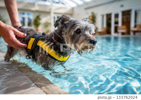 A small dog carefully walks on an underwater treadmill under the gentle guidance of a trainer, focusing on rehabilitation in a soothing and supportive setting 133762024