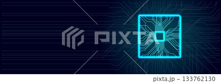 Digital circuit board design featuring a central processing unit in glowing blue against a dark background with intricate lines 133762130
