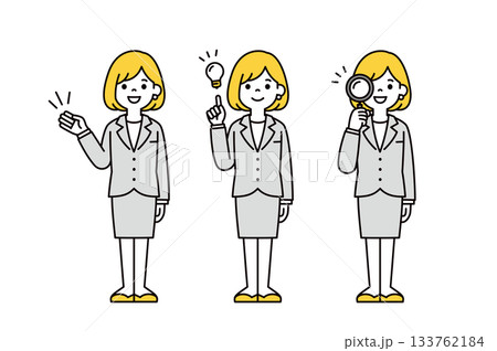 案内する・閃く・調べる、若いビジネスウーマン・OLのシンプルな全身ベクターイラスト素材セット 案内する・閃く・調べる、若いビジネスウーマン・OLのシンプルな全身ベクターイラスト素材セット 133762184