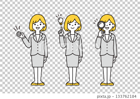 一套簡潔的全身向量插圖，描繪了一位年輕的職業女性/OL，她正在指導、激勵和調查。 133762184