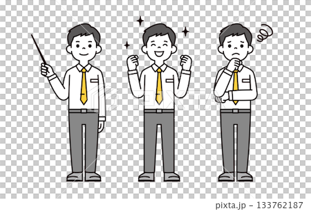 A simple full-body vector illustration set of a young office worker explaining, cheering, and being troubled A simple full-body vector illustration set of a young office worker explaining, cheering, and being troubled 133762187
