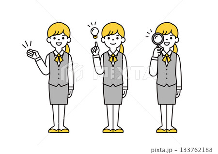 紹介する・気づく・検索する、ユニフォームを着た若い女性の全身ベクターイラスト素材セット 紹介する・気づく・検索する、ユニフォームを着た若い女性の全身ベクターイラスト素材セット 133762188