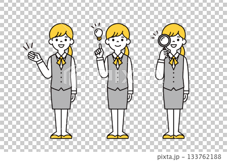 介紹、注意、搜索，一套身穿制服的年輕女性全身向量插圖。 133762188