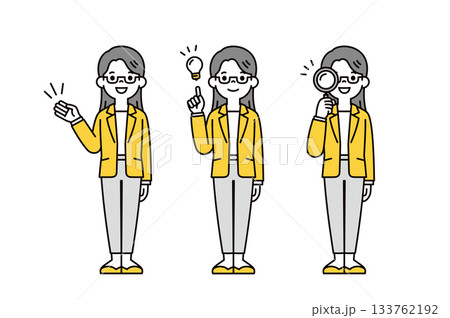 説明する・提案する・探す、メガネをかけた若い女性の全身ベクターイラスト素材セット 説明する・提案する・探す、メガネをかけた若い女性の全身ベクターイラスト素材セット 133762192