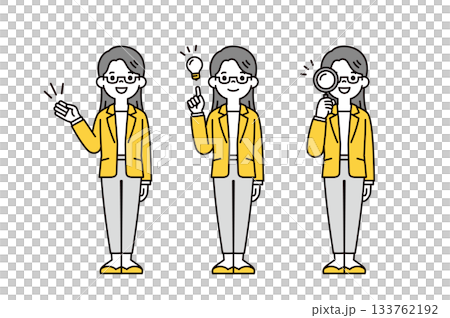 解釋、提議、搜索，一套戴眼鏡的年輕女性全身向量插圖素材。 133762192