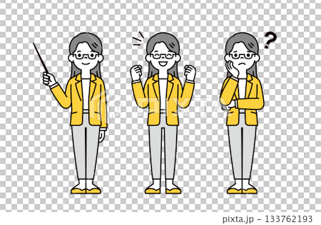 A set of vector illustrations of a young woman wearing glasses teaching, smiling, and worrying A set of vector illustrations of a young woman wearing glasses teaching, smiling, and worrying 133762193