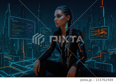Cyberpunk Woman Seated Above City Looking at Holographic Code Screens Cyberpunk Woman Seated Above City Looking at Holographic Code Screens 133762489