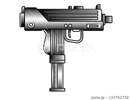 Vector illustration of compact submachine gun automatic weapon in vintage engraving style black and white etching of handgun firearm 133762758