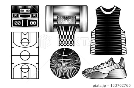 basketball sport equipment engraved style vector illustration set basket ball hoop backboard scoreboard jersey court and shoe black and white 133762760