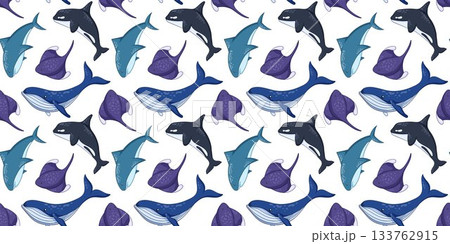 Seamless cartoon style seamless pattern with humpback whale, shark, stingray fish and killer whale swimming in the ocean. Background for underwater and sea themed design. Seamless cartoon style seamless pattern with humpback whale, shark, stingray fish and killer whale swimming in the ocean. Background for underwater and sea themed design. 133762915