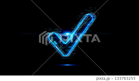 Futuristic blue check mark with holographic interface data elements glowing for artificial intelligence decision and analysis concept Futuristic blue check mark with holographic interface data elements glowing for artificial intelligence decision and analysis concept 133763255