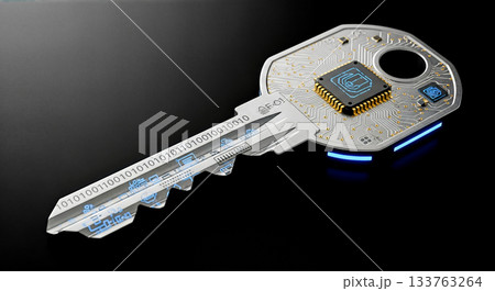 3d rendering silver smart key microchip circuit board pattern isolated black background digital security encryption concept access protection privacy technology 133763264