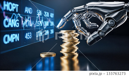 futuristic robot hand stacking gold coins next to digital stock market trading chart graph automated investment financial advisor technology artificial intelligence economy growth concept futuristic robot hand stacking gold coins next to digital stock market trading chart graph automated investment financial advisor technology artificial intelligence economy growth concept 133763273