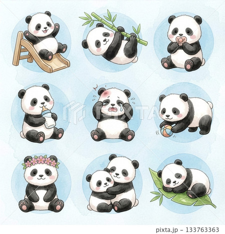 赤ちゃんパンダの9ポーズセット 133763363