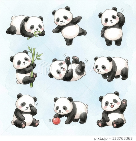 赤ちゃんパンダの9ポーズセットのイラスト素材 [133763365] - PIXTA