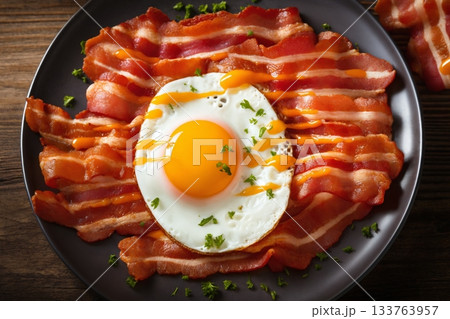 fried eggs with bacon and herbs, delicious breakfast, still life on a dark background 133763957