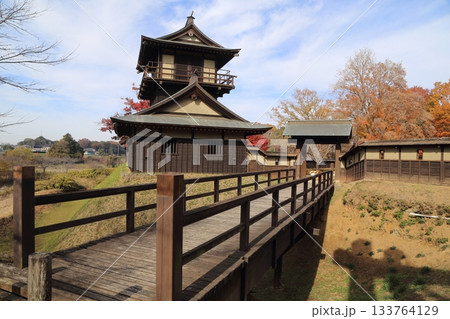 紅葉に包まれる逆井城の二層櫓 133764129