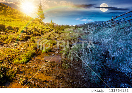 rural scene of mountain landscape on spring equinox. day and night time change concept. green countryside with forested hills with sun and moon at twilight rural scene of mountain landscape on spring equinox. day and night time change concept. green countryside with forested hills with sun and moon at twilight 133764181