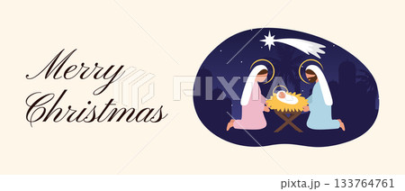 Merry Christmas Nativity Banner with Holy Family, Manger Scene and Star of Bethlehem in Night Sky 133764761