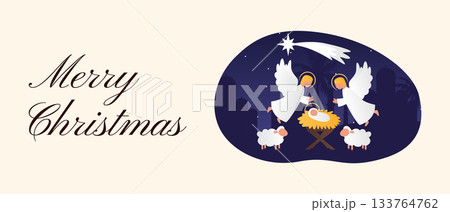Christmas Web Banner with Baby Jesus in the Manger, Angels in the Stable and the Star of Bethlehem in the Night Sky Christmas Web Banner with Baby Jesus in the Manger, Angels in the Stable and the Star of Bethlehem in the Night Sky 133764762
