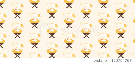 Seamless Christmas Nativity Pattern with Holy Family. Baby Jesus in manger with Star of Bethlehemin Cute Pastel Style Seamless Christmas Nativity Pattern with Holy Family. Baby Jesus in manger with Star of Bethlehemin Cute Pastel Style 133764767