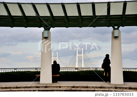 雲の中にベイブリッジの柱が見える港の見える丘公園 133765033
