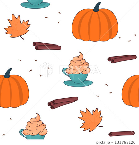 autumn pattern with pumpkin and spicy drink 133765120
