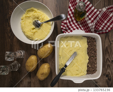 Hachis parmentier, french dish with mashed potato and minced beef Hachis parmentier, french dish with mashed potato and minced beef 133765236