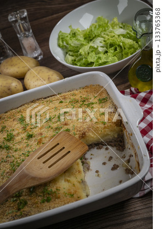 Hachis parmentier, french dish with mashed potato and minced beef 133765368