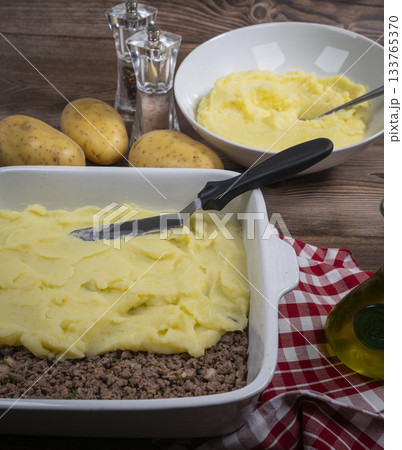Hachis parmentier, french dish with mashed potato and minced beef 133765370