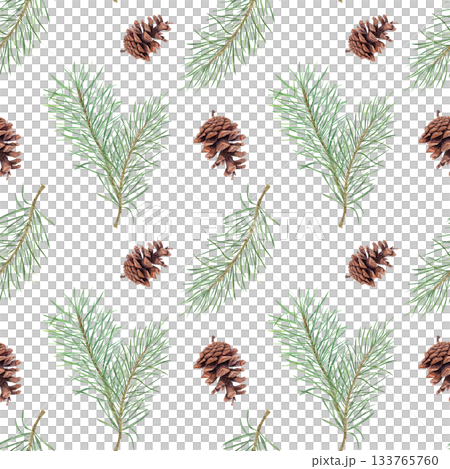 Fir tree branches and brown cones watercolor seamless pattern on isolated background. Winter Xmas pine cones and evergreen twigs ornate for festive wrapping paper, textile design, holiday decoration. Fir tree branches and brown cones watercolor seamless pattern on isolated background. Winter Xmas pine cones and evergreen twigs ornate for festive wrapping paper, textile design, holiday decoration. 133765760