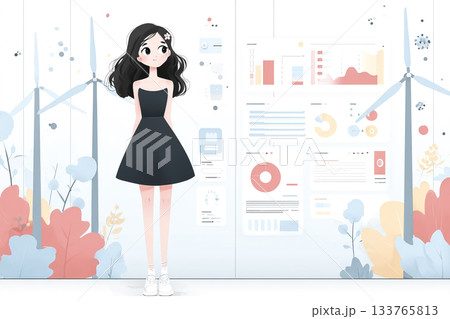 AIと連携して風力発電データを管理する女性キャラクター(フラットデザイン) AIと連携して風力発電データを管理する女性キャラクター(フラットデザイン) 133765813