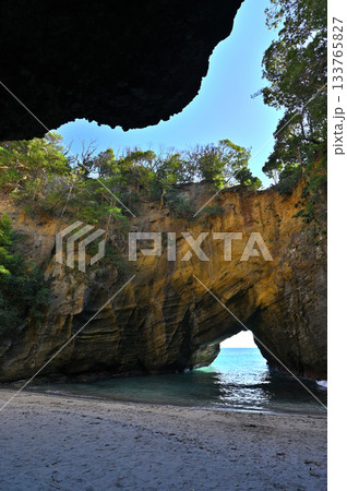 伊豆の神秘の洞窟　龍宮窟の縦構図 133765827