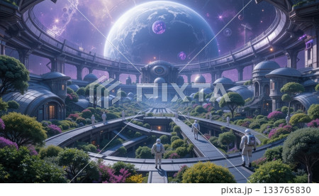 Futuristic City on Distant Planet Under Huge Ringed Purple World 133765830