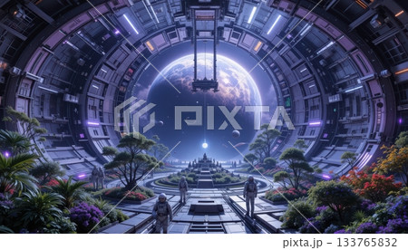 Interior View of Futuristic Space Port Looking Out to Blue Planet 133765832