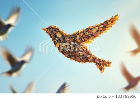 Bird made of leaves soars among real birds in a serene sky filled with clouds 133765956