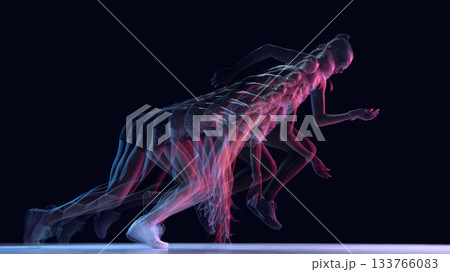 High-speed motion-trail of athlete pushing into sprint start in dark studio High-speed motion-trail of athlete pushing into sprint start in dark studio 133766083