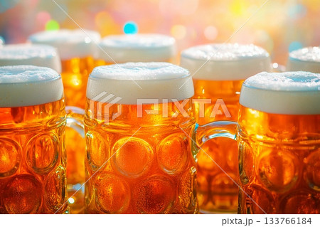 Enjoying foamy beer in large glass goblets during Oktoberfest celebration in a festive atmosphere Enjoying foamy beer in large glass goblets during Oktoberfest celebration in a festive atmosphere 133766184