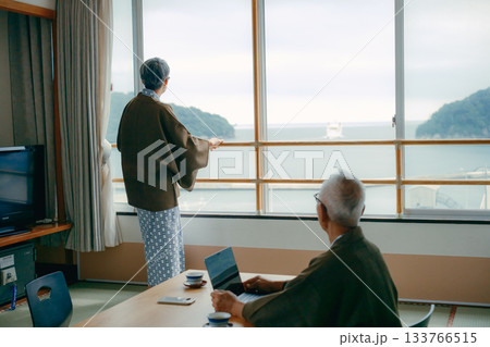 和室で景色を撮影する高齢夫婦の旅館シーン 133766515