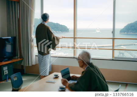 和室で景色を撮影する高齢夫婦の旅館シーン 和室で景色を撮影する高齢夫婦の旅館シーン 133766516