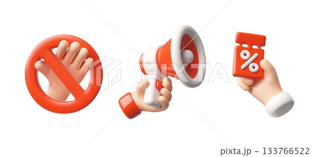 Prohibition sign, megaphone and discount coupon in hand 3D icons vector set, stop signal, sale and announcement symbols 133766522