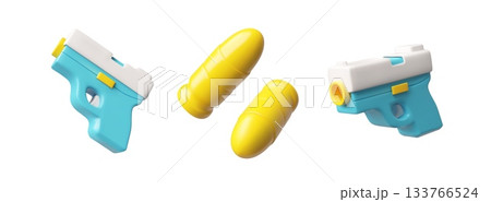 Revolver, handgun with bullets 3D cartoon plastic style icons set, vector render game weapon blaster toy isolated Revolver, handgun with bullets 3D cartoon plastic style icons set, vector render game weapon blaster toy isolated 133766524