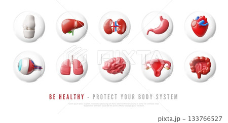 Be healthy protect your body system 3D vector banner, heart, bones, lungs, gut, stomach, brain and uterus internal organ 133766527